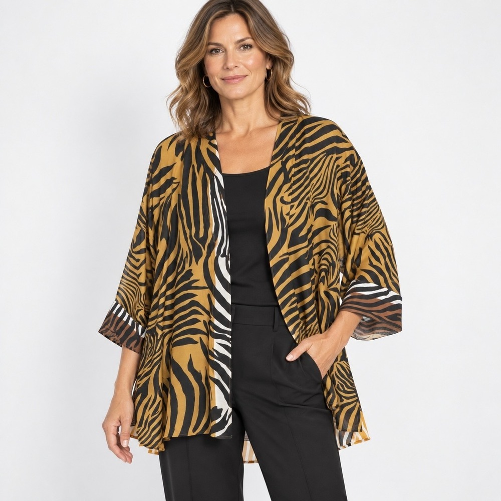 Kobi Halperin Zebra Animal Print Kimono Top Womens XL Open Sheer Silk Blend